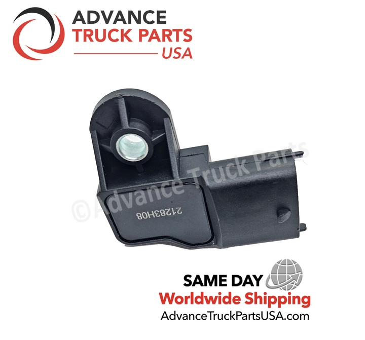 Advance Truck Parts USA Mack and Volvo boost pressure sensor showing a rear-facing studio view of the flat housing and mounting bracket on a branded background