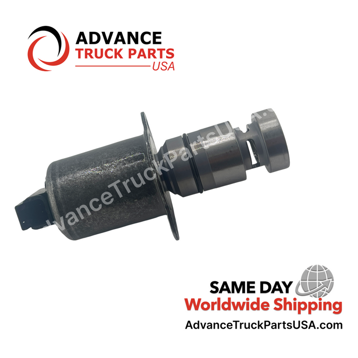 Advance Truck Parts USA Mack Volvo control valve showing a close-up studio perspective of the cylindrical metal housing, mounting flange, and ported valve tip