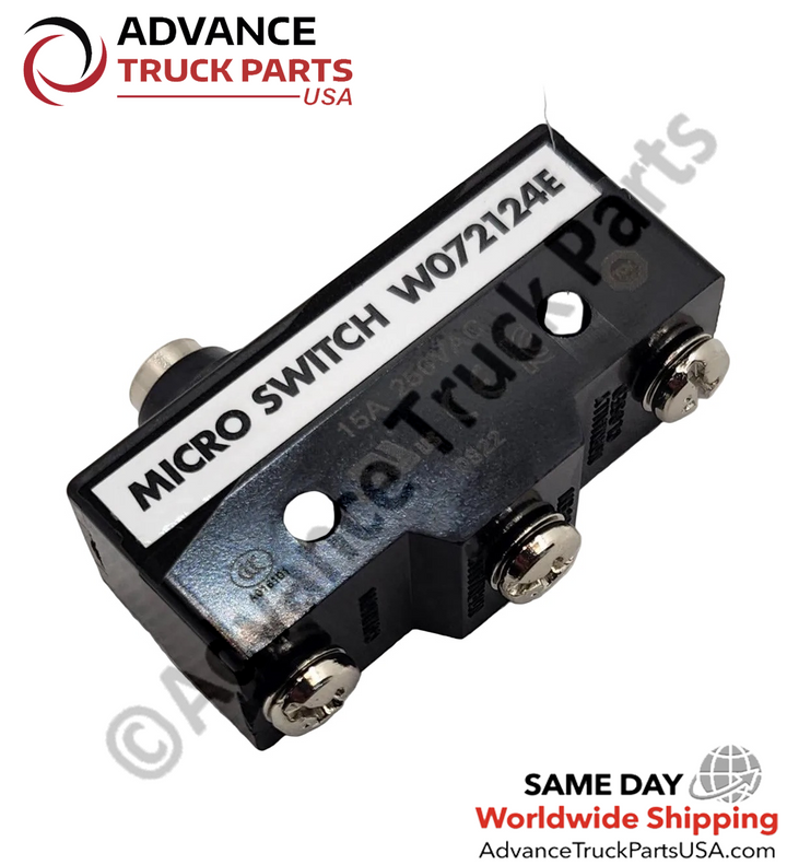 Advance Truck Parts USA micro switch showing an angled studio perspective of the housing and mounting holes on a branded background