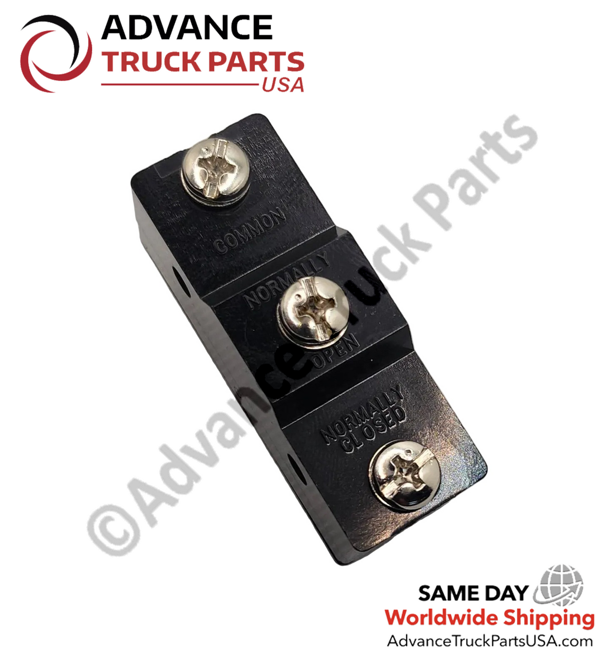 Advance Truck Parts USA micro switch displaying a top-down studio view of the common, normally open, and normally closed screw terminals on a branded background