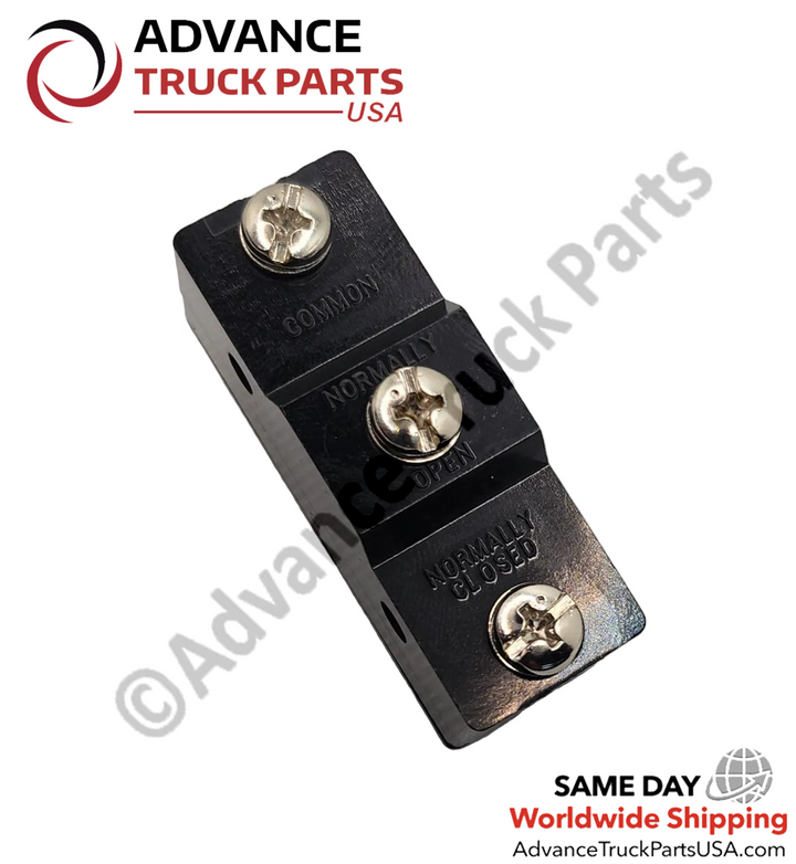 Advance Truck Parts USA micro switch displaying a top-down studio view of the common, normally open, and normally closed screw terminals on a branded background