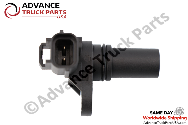 Advance Truck Parts USA Navistar crankshaft position sensor showing a close-up studio view of the electrical connector terminal pins on a branded background