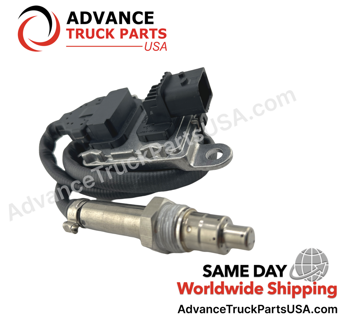Advance Truck Parts USA nitrogen oxide sensor displaying a studio view of the full harness, control module, and threaded probe