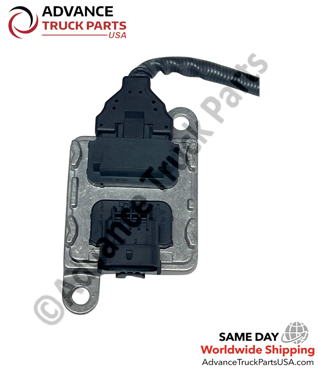 Advance Truck Parts USA nitrogen oxide sensor showing a close-up overhead studio view of the electronic control unit and wire loom connection