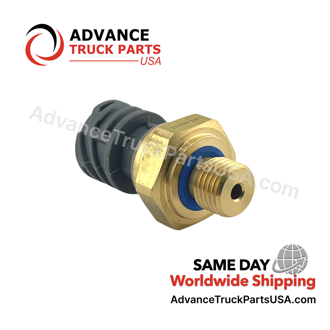 Advance Truck Parts USA Paccar oil pressure sensor displaying a side profile view of the complete assembly and brass hex fitting