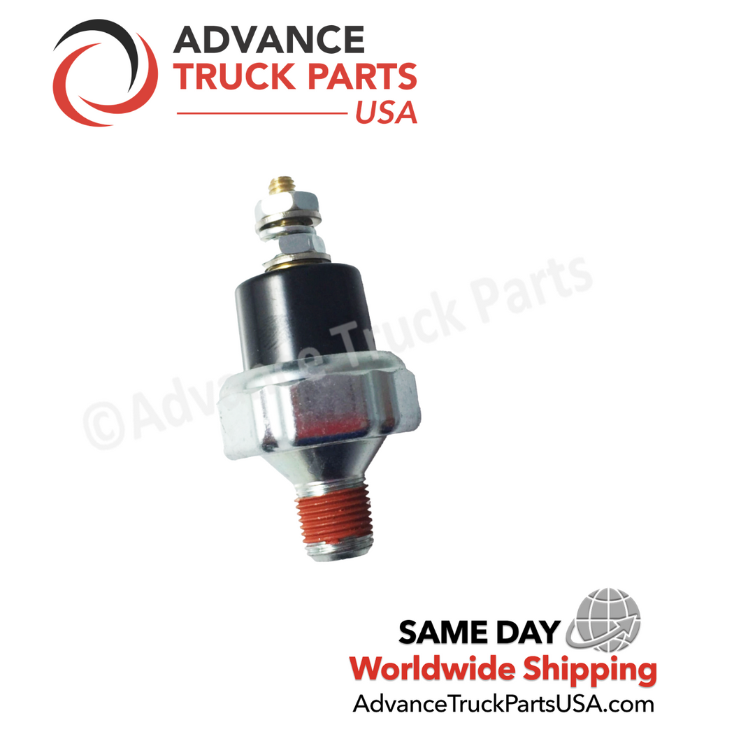 Advance Truck Parts USA 15 PSI oil pressure switch displaying an angled studio perspective of the threaded port and terminal assembly on a branded background