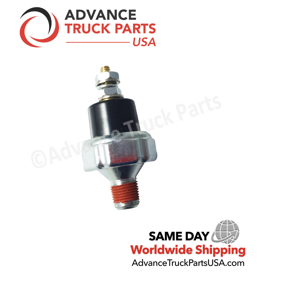 Advance Truck Parts USA 15 PSI oil pressure switch displaying an angled studio perspective of the threaded port and terminal assembly on a branded background