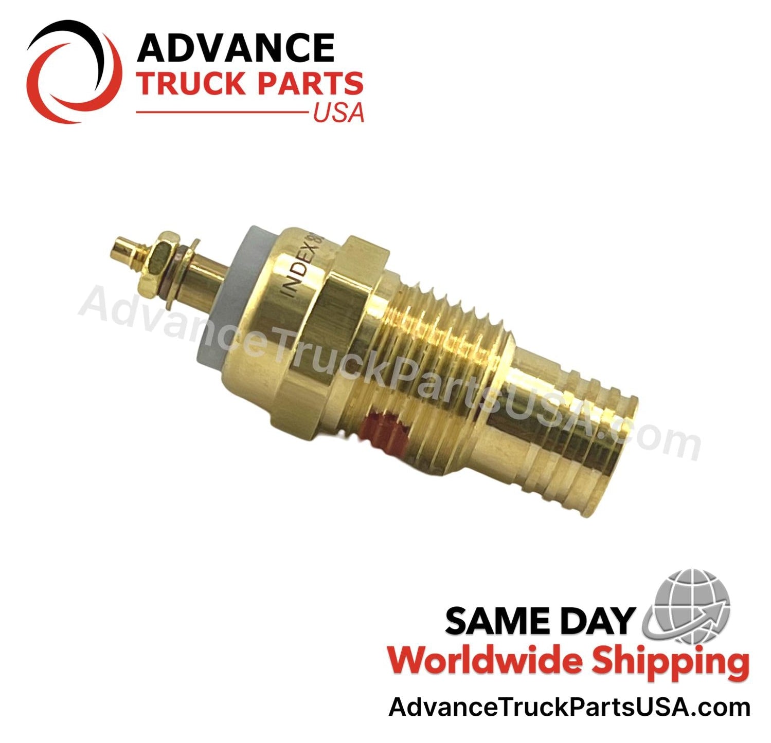 Advance Truck Parts USA Paccar temperature switch displaying a studio perspective of the brass housing and terminal nut on a branded background