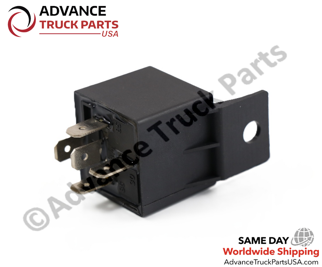 Advance Truck Parts USA 5-pin relay connected to its harness socket showing a studio view of the wiring schematic and configuration on a branded background