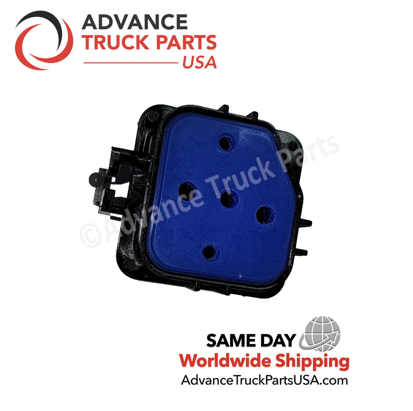 Advance Truck Parts USA harness connector replacement for waterproof relay displaying a studio view of the blue rubber wire seal and pin ports on a branded background