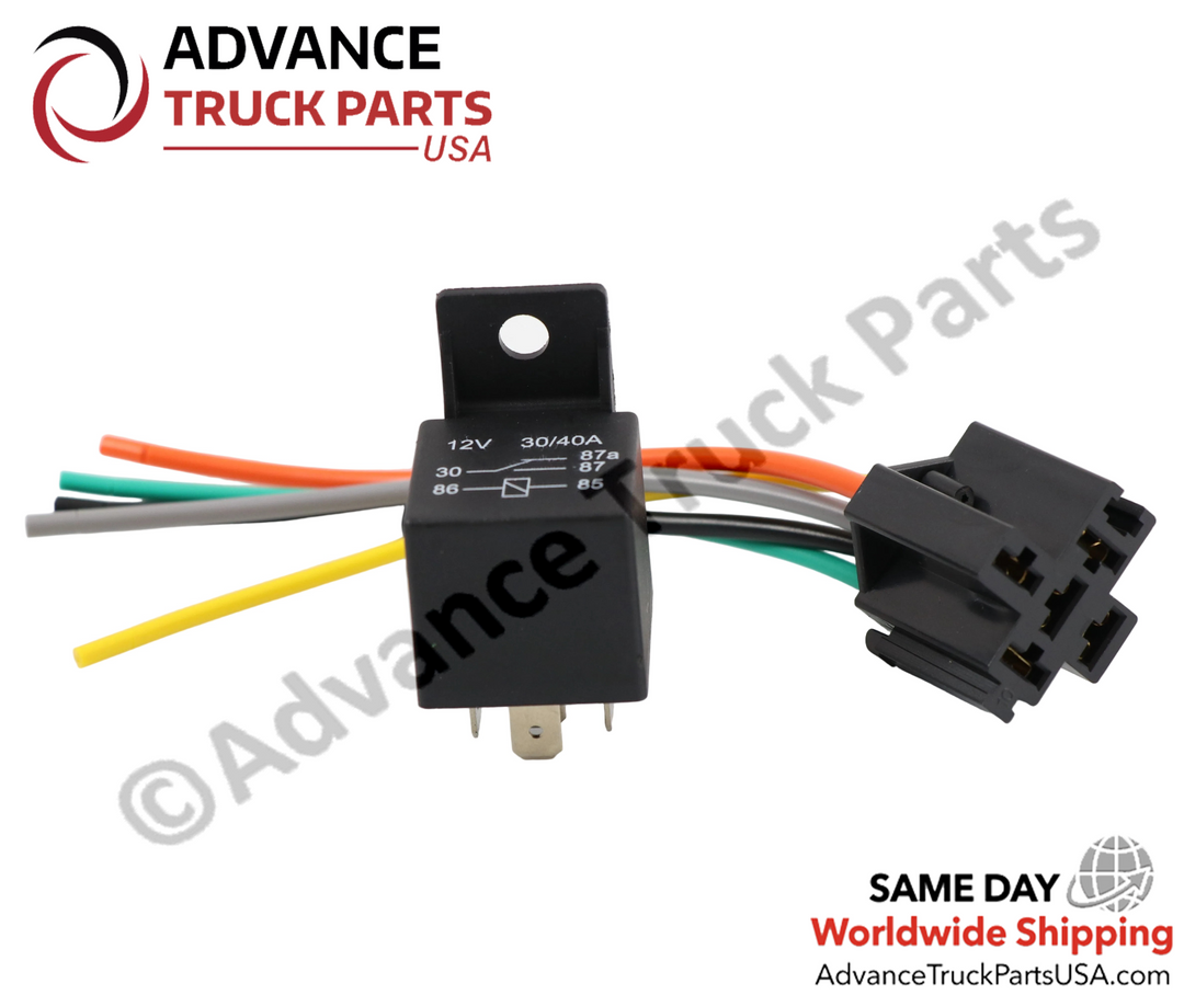 Advance Truck Parts USA 5-pin relay harness socket showing a close-up studio view of the connector block and multi-colored wire leads on a branded background