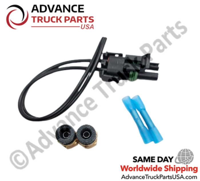 Advance Truck Parts USA solenoid valve service kit displaying an overhead studio layout of the electrical pigtail, fittings, and connectors on a branded background