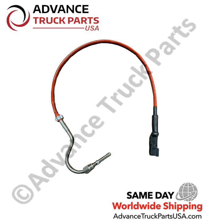 Advance Truck Parts USA exhaust gas temperature sensor displaying a studio perspective of the complete probe and wiring assembly on a branded background
