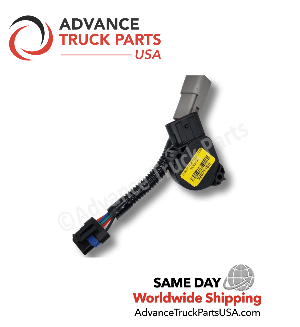 Advance Truck Parts USA throttle position sensor kit displaying a studio perspective of the sensor assembly, wiring loom, and connectors on a branded background
