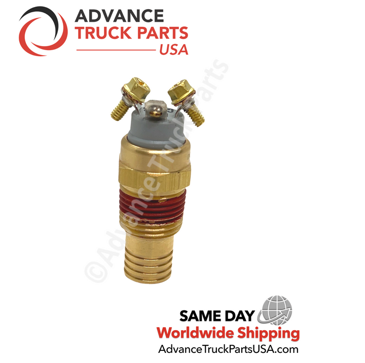 Advance Truck Parts USA branded studio vertical view displaying the threaded terminals and brass body of the thermal fan switch
