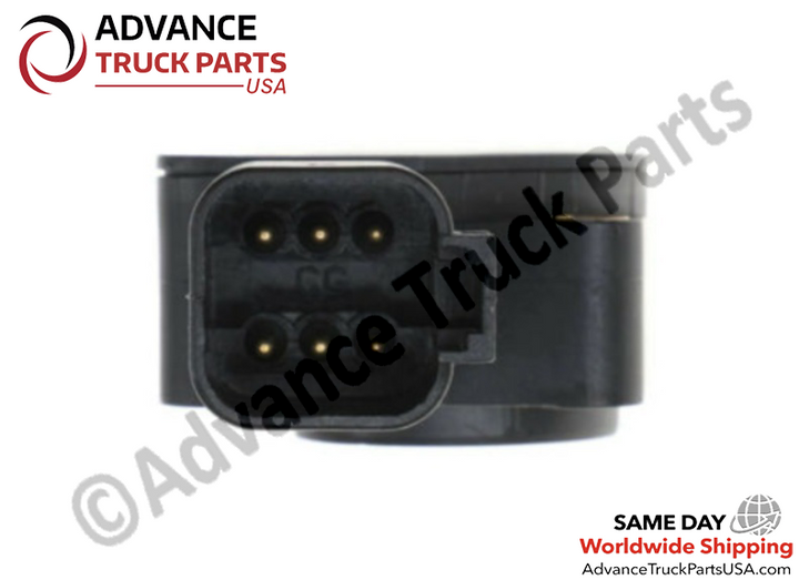 Advance Truck Parts USA throttle position sensor for Volvo trucks displaying a close-up studio view of the 6-pin electrical connector terminal pins on a branded background