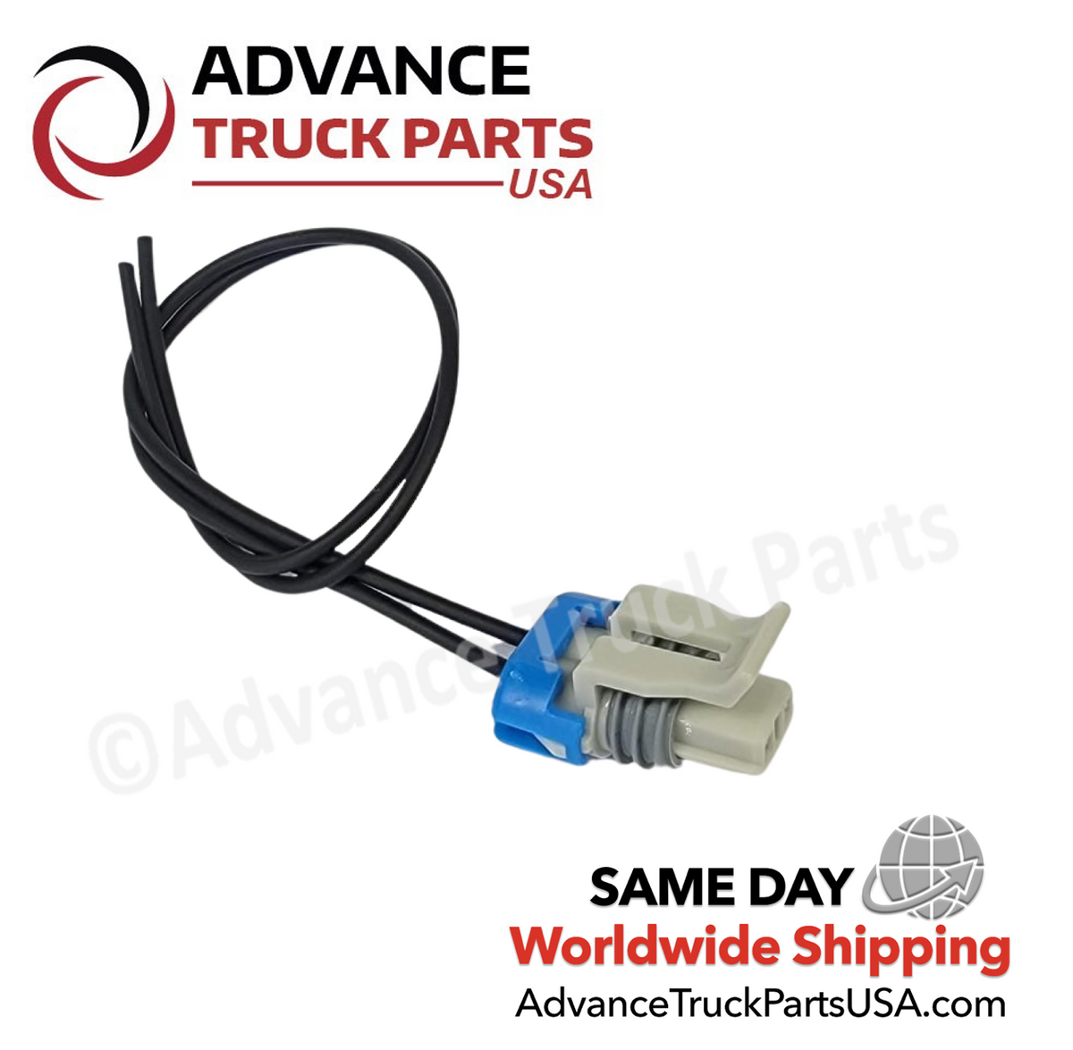 Advance Truck Parts USA W094139 2-pin pigtail connector showing a studio perspective of the grey connector housing with a blue lock, weather seal, and wire leads
