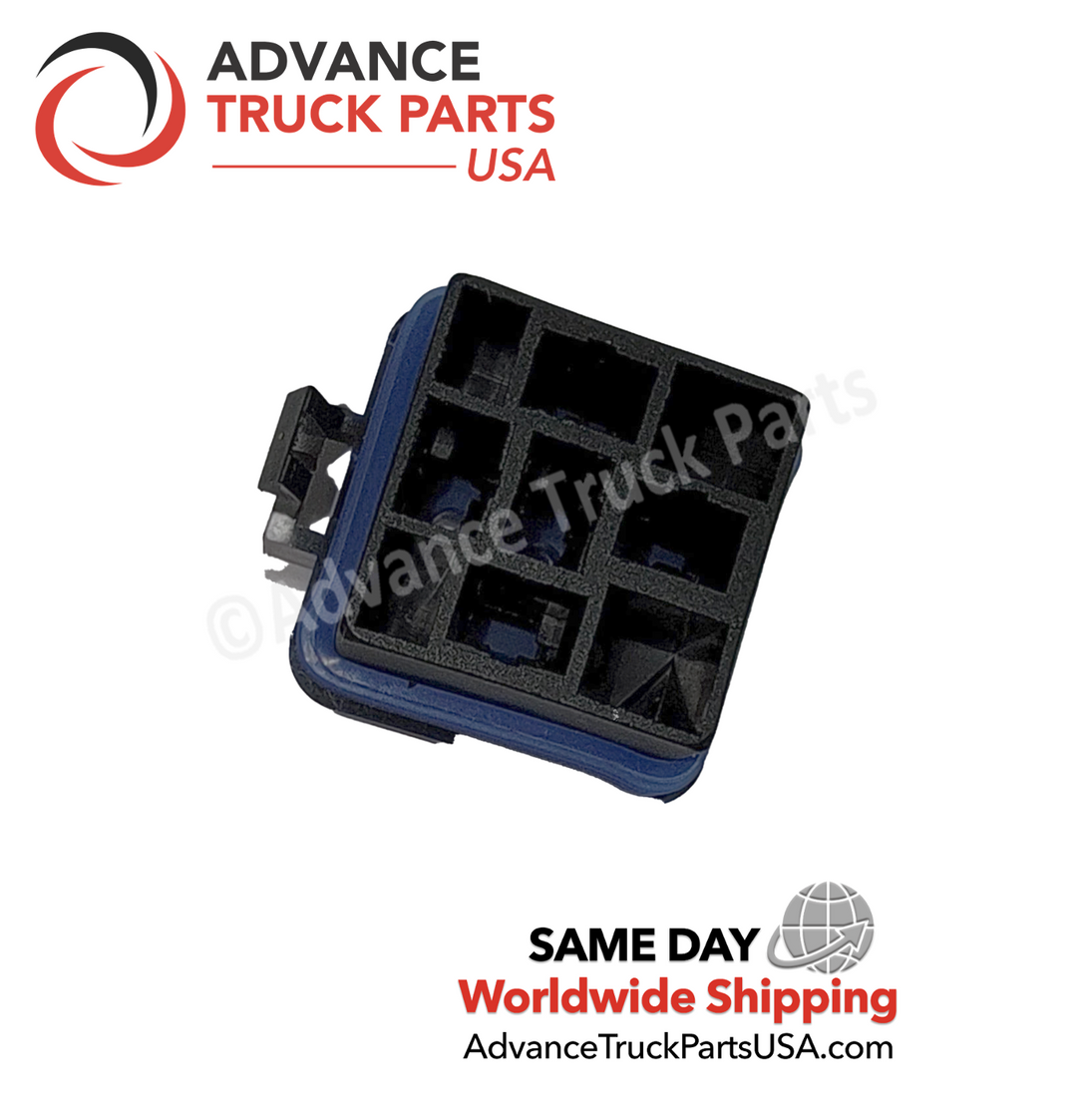 Advance Truck Parts USA harness connector replacement for waterproof relay showing an angled studio perspective of the grid housing and locking tab on a branded background