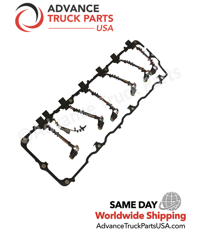 Advance Truck Parts USA branded studio high-angle full assembly view of the 1842380C95 valve cover gasket and wiring harness kit