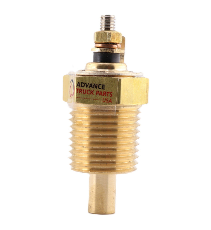 Advance Truck Parts USA W012180 differential oil temperature sender showing an upright front perspective with a brass threaded body, probe, and top terminal connections on a plain background