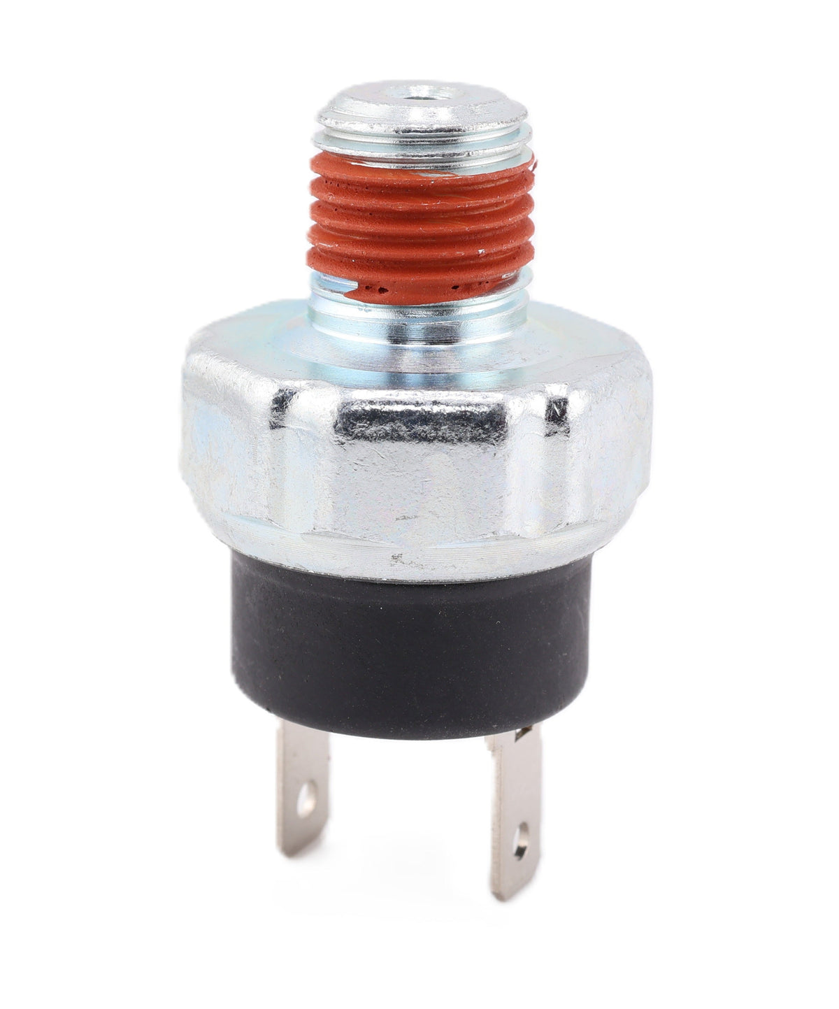Advance Truck Parts USA W021266 low air pressure switch showing a front perspective with an upward pointing 1/4-27 NPT metal threaded base with red sealant and dual blade terminals extending from the bottom black housing on a plain background