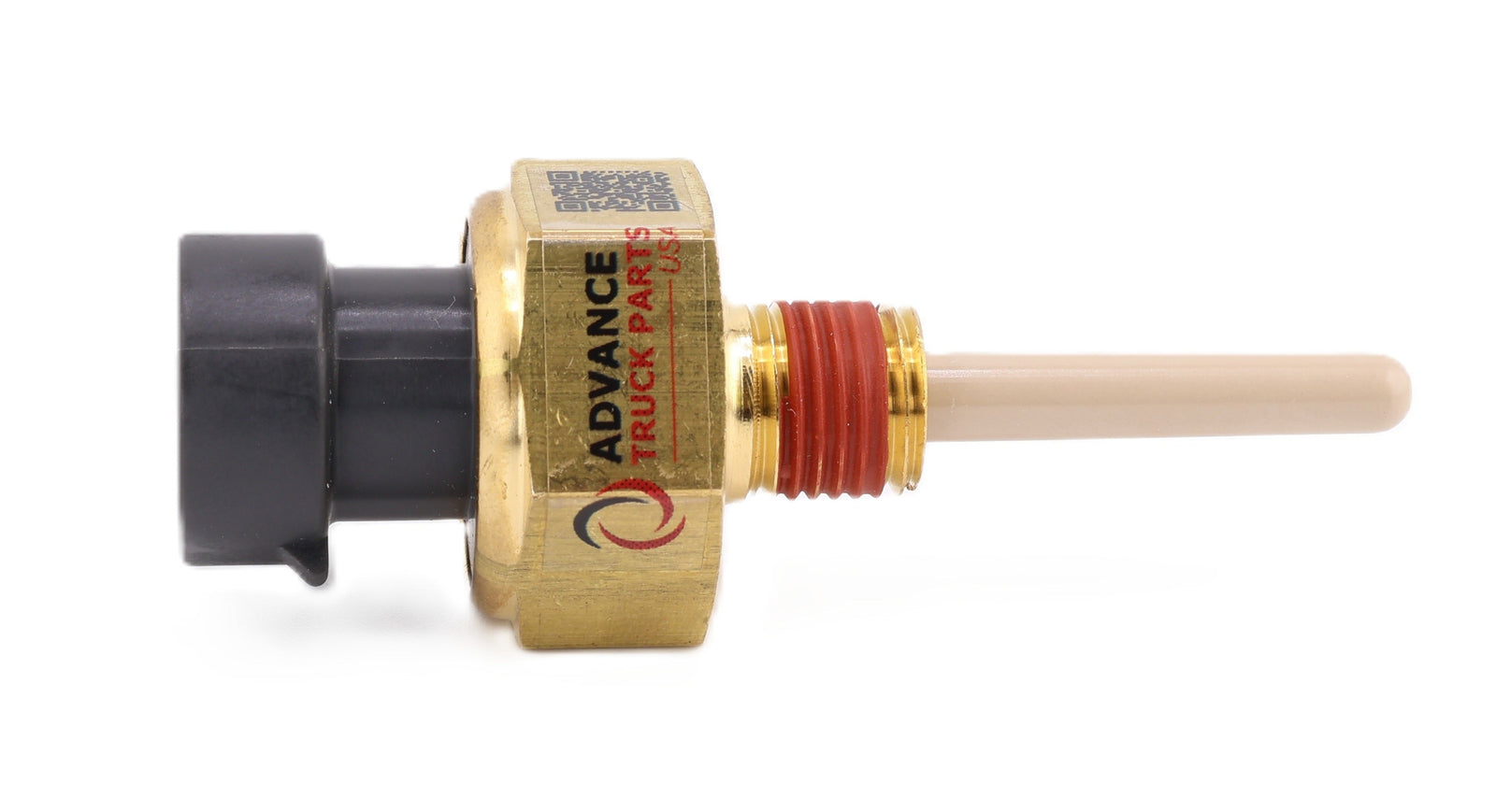 Advance Truck Parts USA W031049 12V low coolant level sensor showing a horizontal side perspective with a black 4-pin connector, brass threaded body with red sealant, and a beige probe