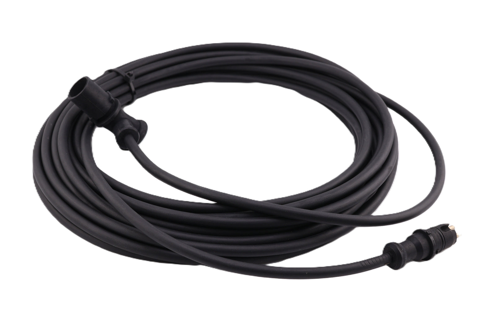 Advance Truck Parts USA W061035 26ft 8 meter ABS sensor extension harness showing a neatly coiled thick black cable with a straight connector and an angled connector on a plain background