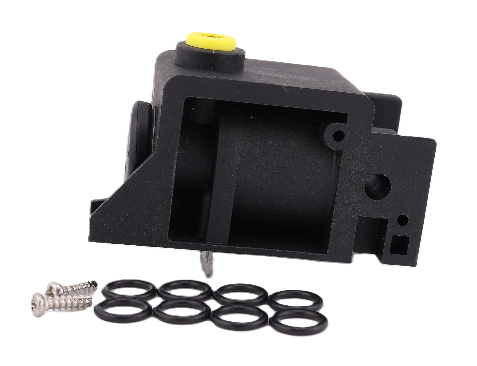 Advance Truck Parts USA W072042 air horn solenoid valve kit showing an angled side profile of the black plastic housing revealing the internal cavity, a yellow air port ring, protruding metal terminal, eight rubber O-rings, and two mounting screws on a plain white background