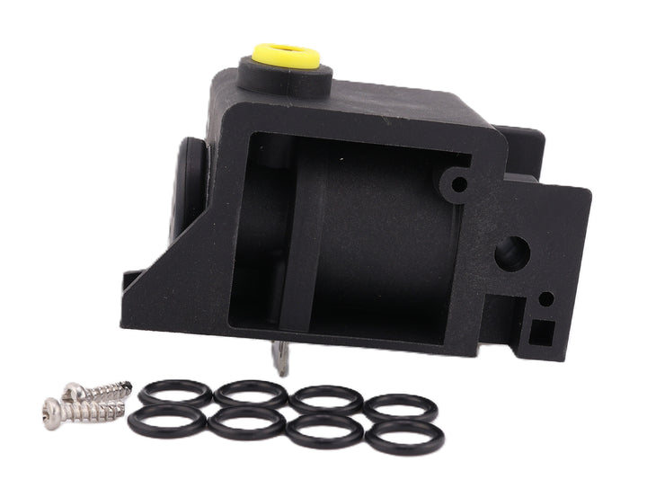 Advance Truck Parts USA W072042 air horn solenoid valve kit showing an angled side profile of the black plastic housing revealing the internal cavity, a yellow air port ring, protruding metal terminal, eight rubber O-rings, and two mounting screws on a plain white background