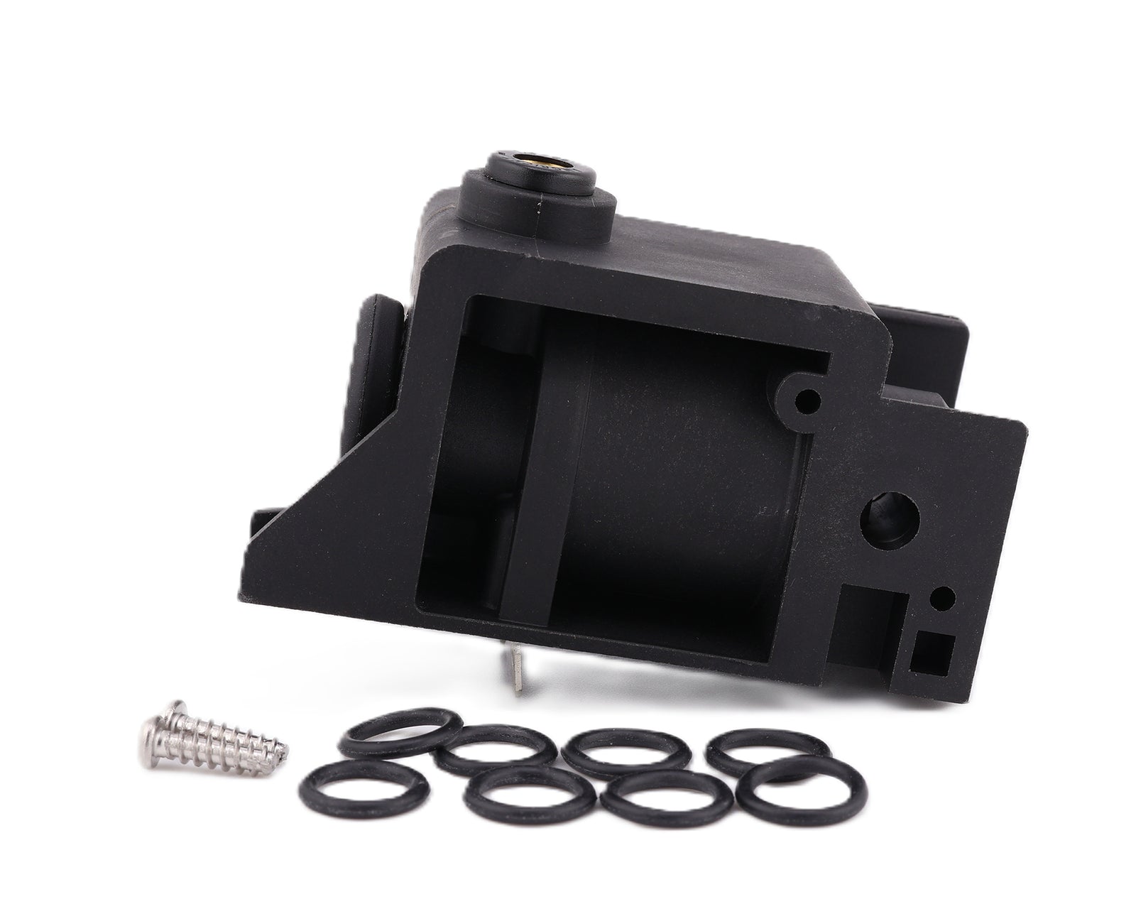 Advance Truck Parts USA W072043 normally closed air solenoid valve kit showing an angled side profile of the black plastic housing revealing the internal cavity, protruding metal terminal, eight rubber O-rings, and two mounting screws on a plain white background