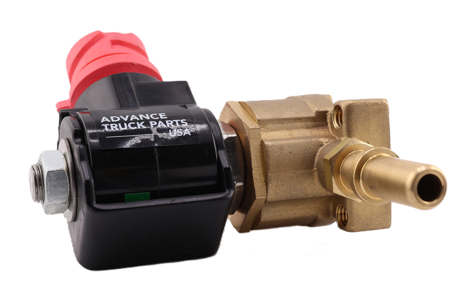 Advance Truck Parts USA W072044 solenoid valve showing a horizontal profile of the black coil assembly with printed logo, red connector cap, and brass valve body with a protruding nozzle on a plain white background