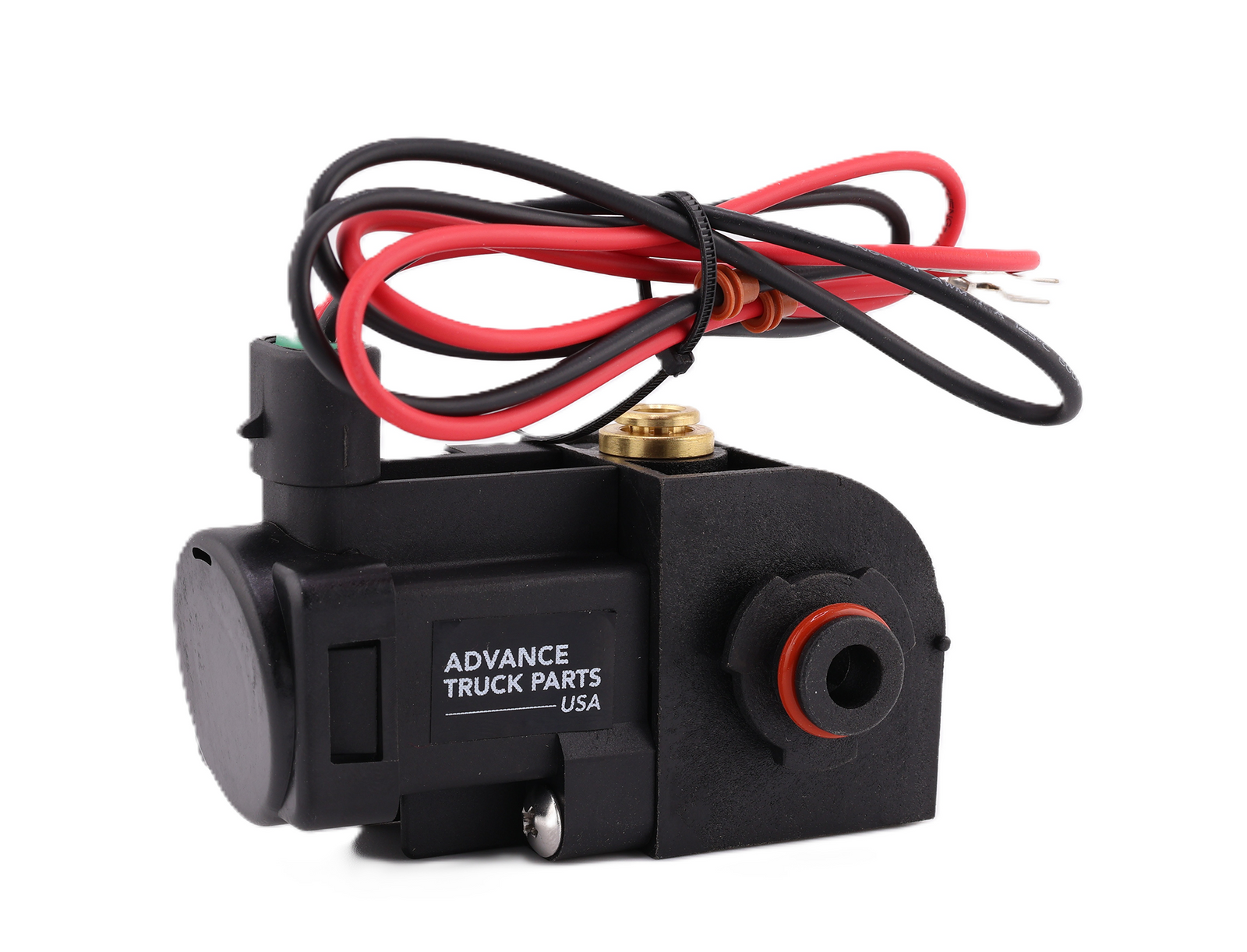 Advance Truck Parts USA W072046 solenoid valve showing a side profile of the black plastic housing with a printed logo, a red O-ring seal on the side port, and a bundled red and black wiring harness on a plain white background