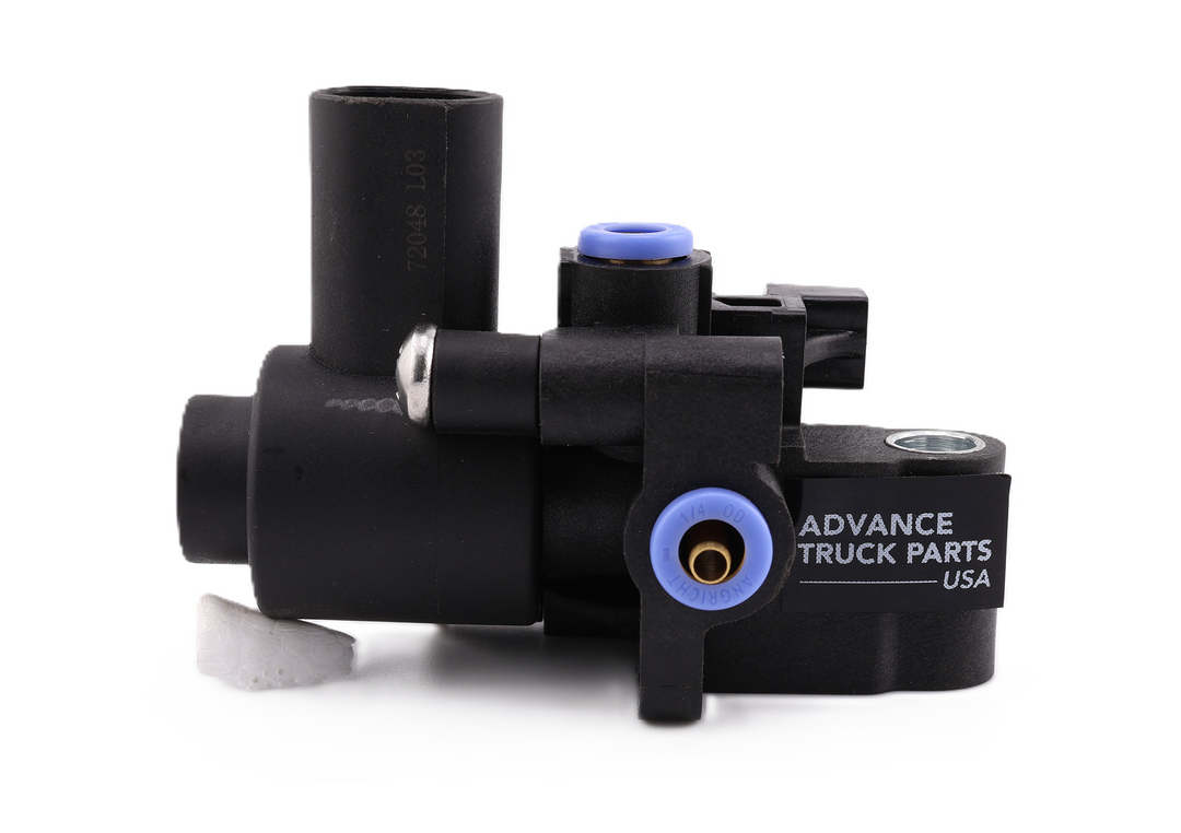 Advance Truck Parts USA W072048 solenoid assembly showing a horizontal profile of the black plastic housing with a printed logo, vertical electrical connector tower, and air ports featuring blue retaining rings on a plain white background
