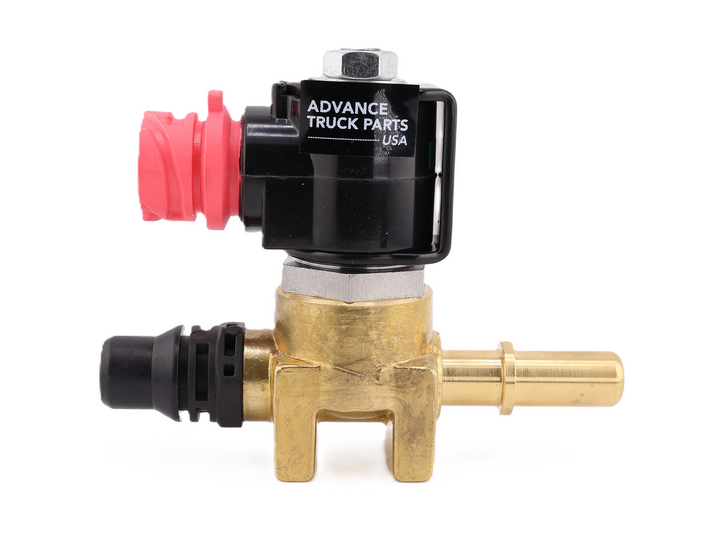 Advance Truck Parts USA W072049 engine coolant control valve showing a side profile of the brass body, black solenoid coil with printed logo, and red electrical connector on a plain white background
