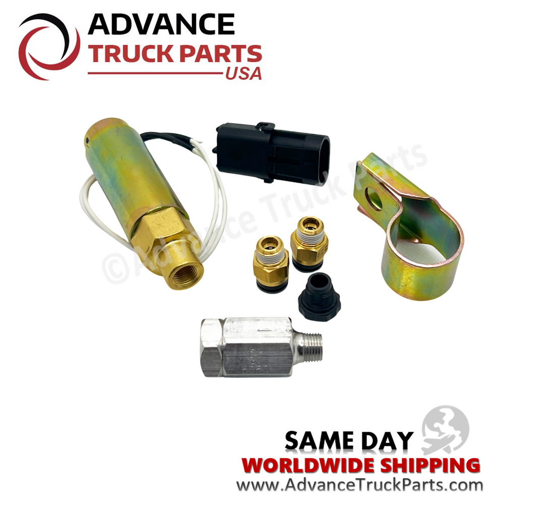 Advance Truck Parts USA W072131 air solenoid fan clutch kit featuring an air solenoid valve, exhaust shield, in-line filter, quick connect fittings, and mounting bracket on a branded studio background