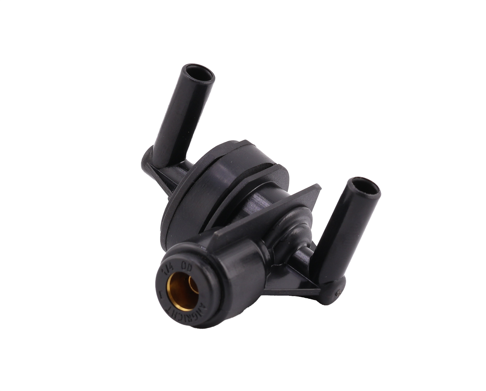 Advance Truck Parts USA W072847 double check air supply shuttle valve showing an angled profile of the black plastic housing with two tube extensions and a brass-lined port on a plain white background