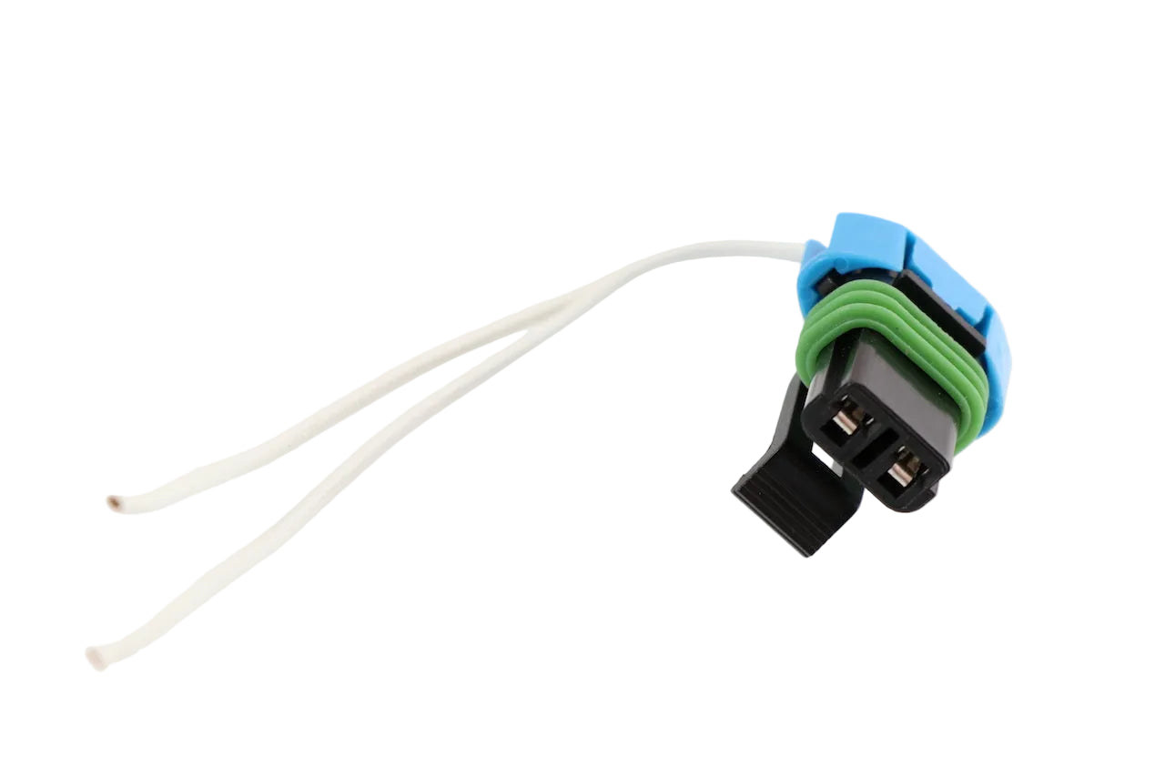 Advance Truck Parts USA W094111 2-pin pigtail connector for multiple coolant applications featuring lead wires and a blue locking tab on a plain background