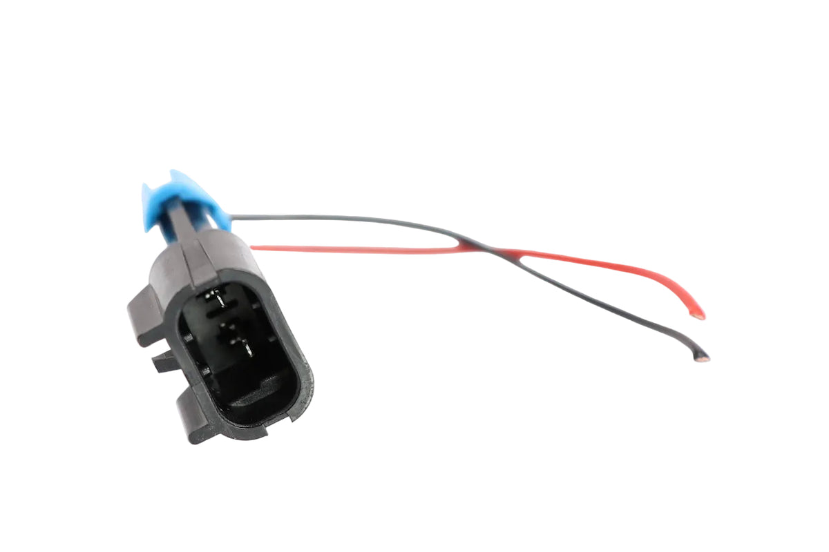Advance Truck Parts USA W094113 2-pin pigtail connector showing an angled profile of the black plastic socket, internal metal terminals, blue locking clip, and 16 AWG red and black bare wire leads