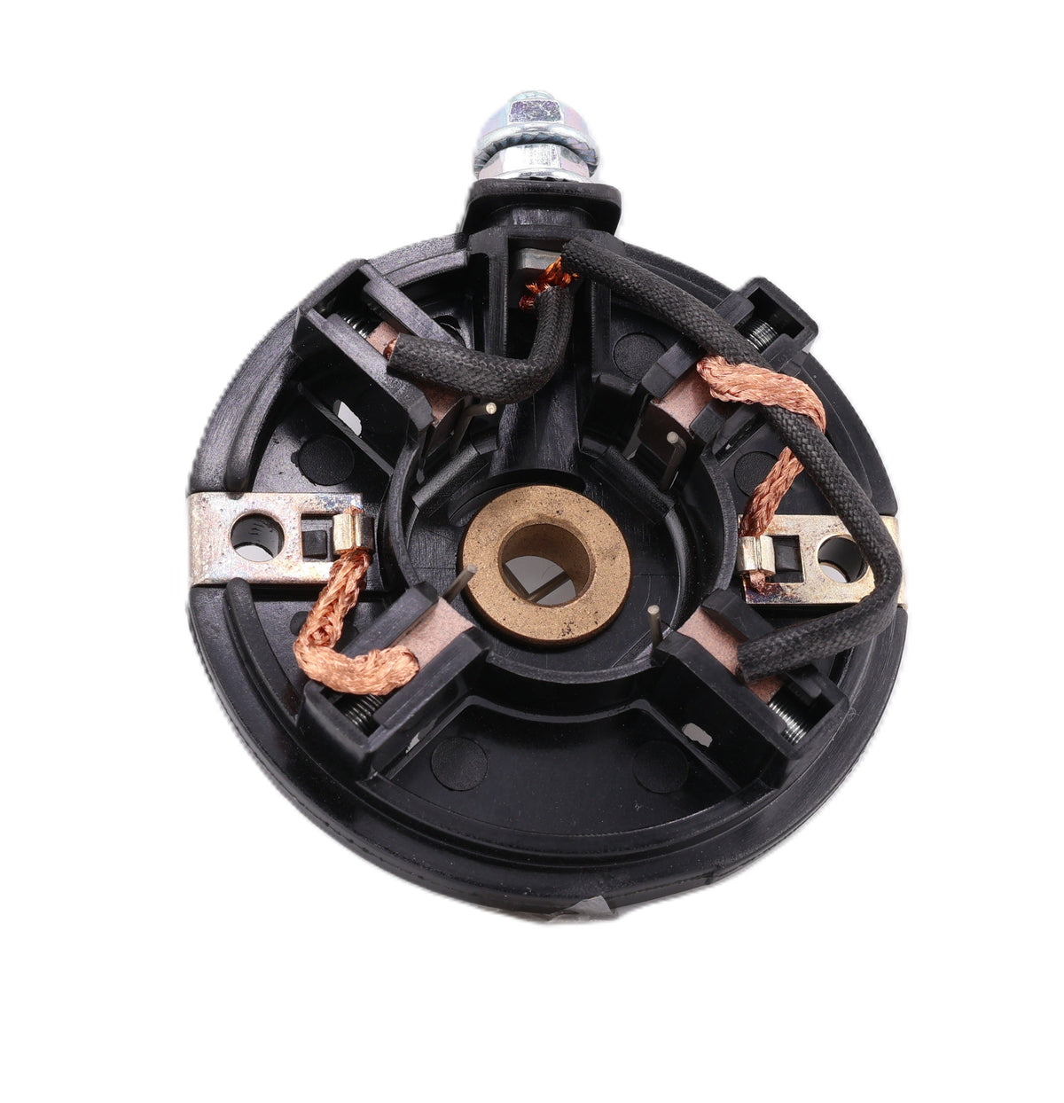 Advance Truck Parts USA W112164 395537 starter motor end cap brush holder showing an internal top-down perspective of the black circular housing, copper brushes, braided connector wires, central bronze bearing, and external terminal post 