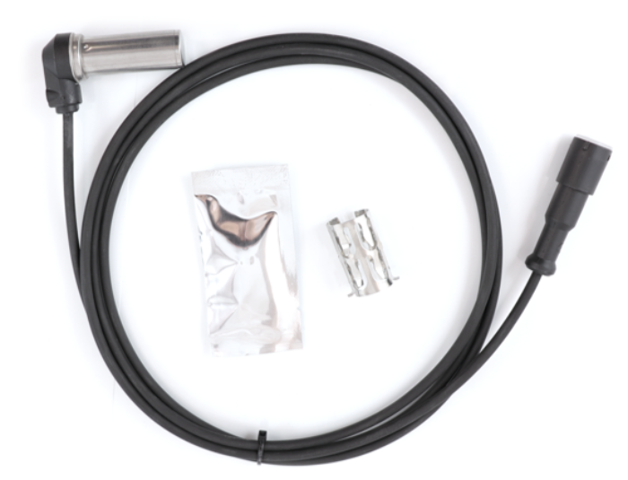 Advance Truck Parts USA WAB 4410309102 right angle anti-lock brake system sensor kit with a 79-inch wire harness, installation clip, and dielectric grease packet on a plain background