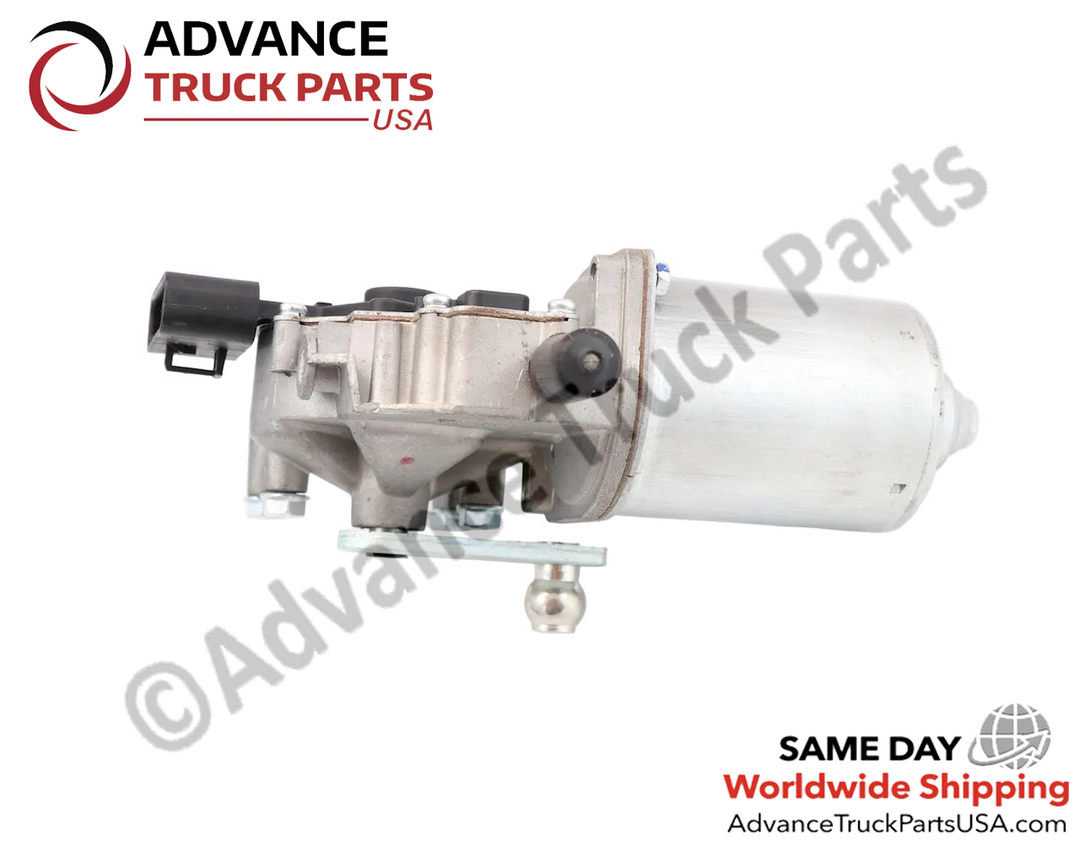 Advance Truck Parts USA International wiper motor displaying a reverse horizontal side profile highlighting the lower ball-joint linkage arm, cast mounting points, and cylindrical motor casing