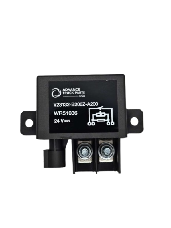 Advance Truck Parts USA WR51036 1393315-9 24V power relay showing a front profile of the black housing with printed wiring schematic, flange mounting tabs, and dual threaded screw terminals on a plain white background
