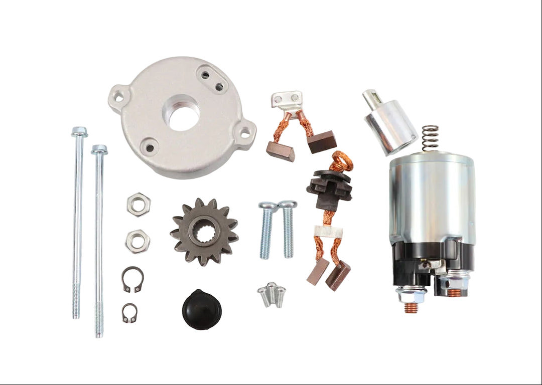 Advance Truck Parts USA WRK1100 PMGR starter repair kit with solenoid for Toyota showing an overhead layout of the replacement back cover, starter drive gear, solenoid, brushes, and hardware on a plain white background