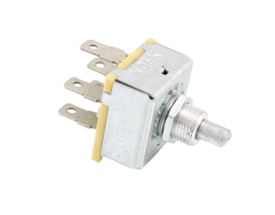 Advance Truck Parts USA AR53155 John Deere fan blower A/C switch showing a clean studio view of the short thread, rotary knob shaft, and 5-terminal configuration 