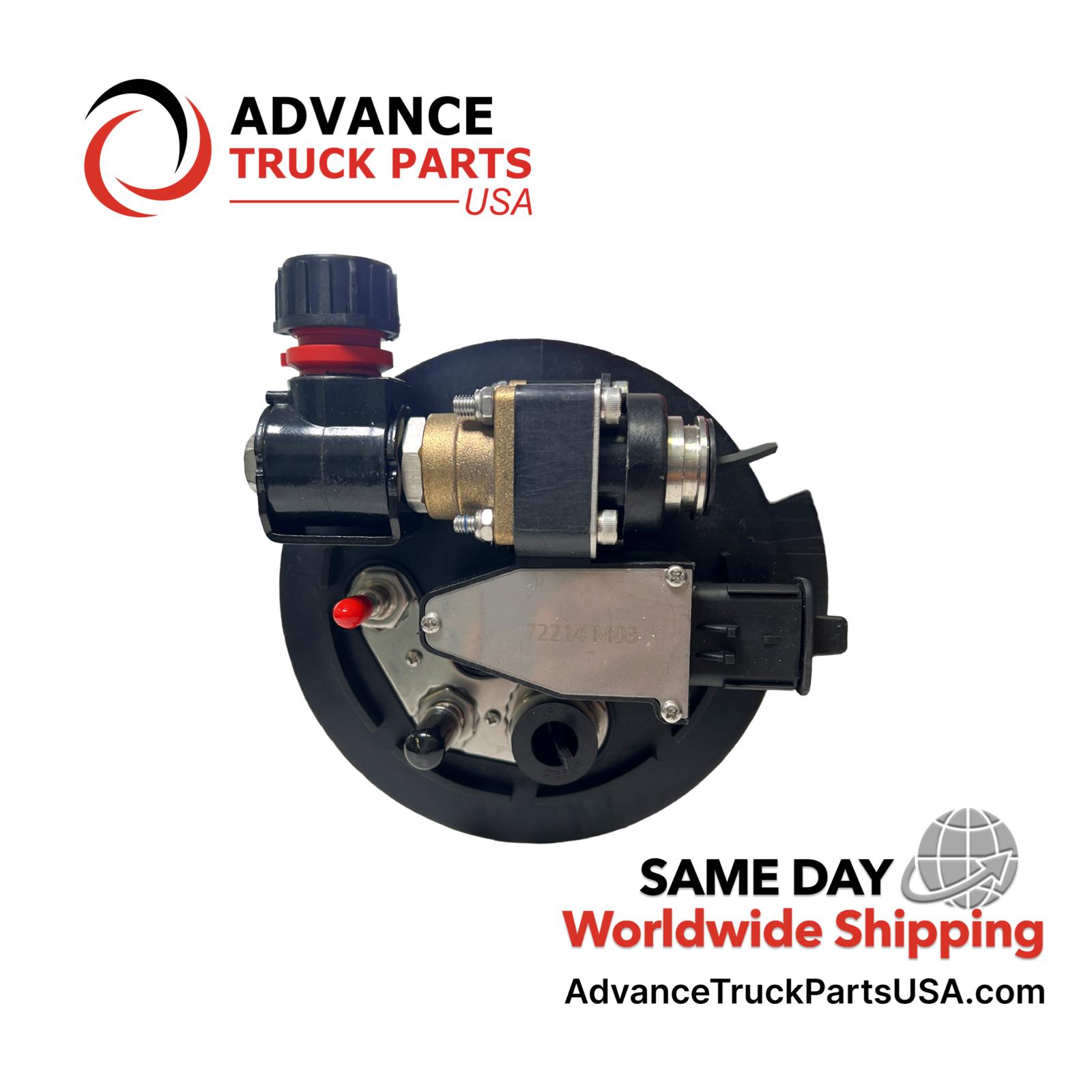 Advance Truck Parts USA branded studio close-up view showing the top plate, electrical connector, and fluid fittings of the DEF header sensor