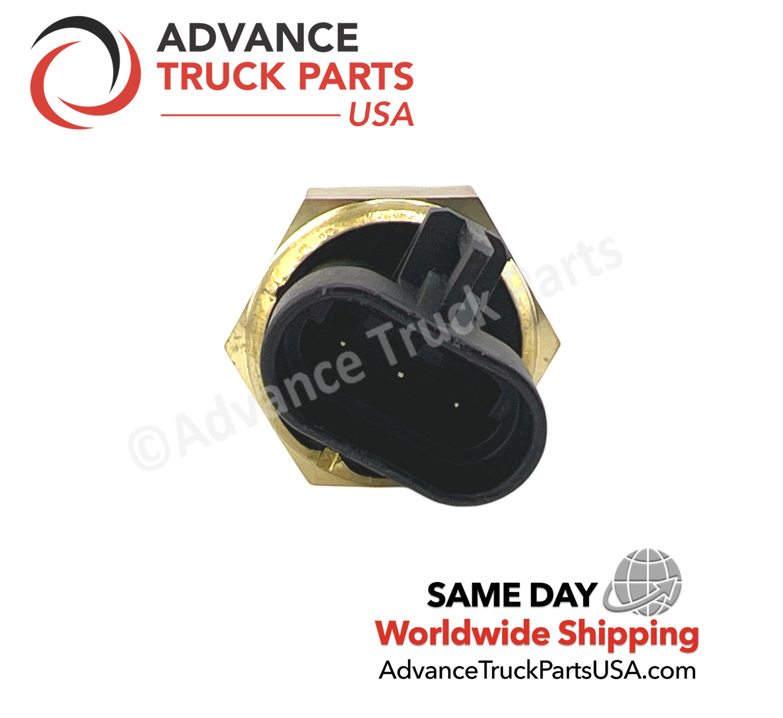 Advance Truck Parts USA branded studio close-up view highlighting the 3-pin electrical connector of the 06-78195-000-HD coolant level sensor