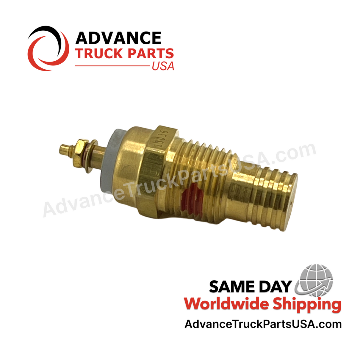 Advance Truck Parts 1002-07005-36 temperature switch showing a studio view of the brass threaded housing, red thread sealant, and terminal on a branded background