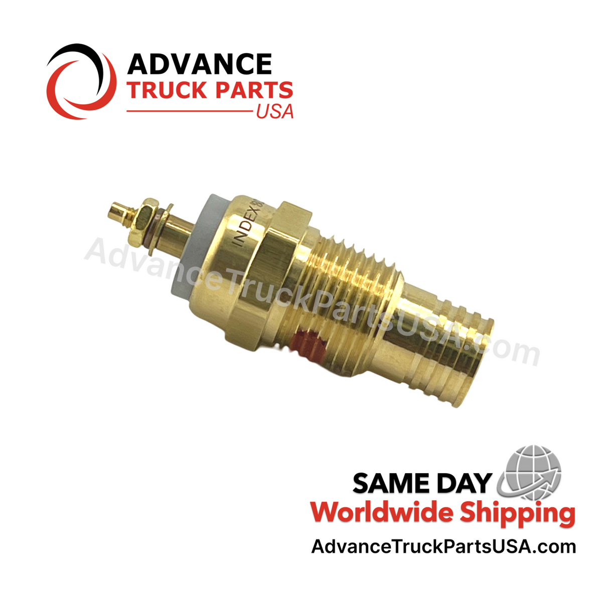 Advance Truck Parts USA 1002 07005 37 Freightliner temperature switch showing a side studio view of the brass threaded body, electrical stud terminal, and hex fitting on a branded background