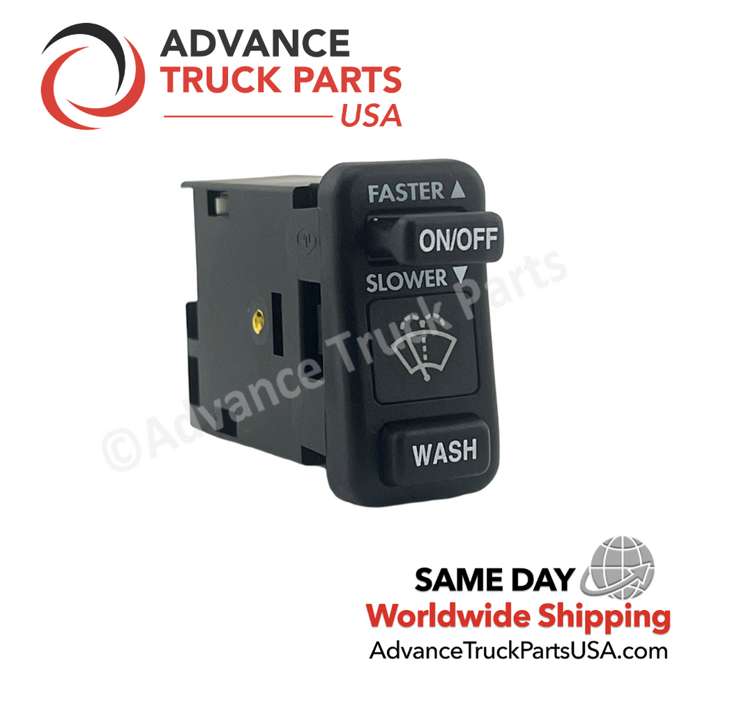Advance Truck Parts USA 1006-11 Freightliner wiper switch face profile showing ON/OFF and WASH buttons on a branded background