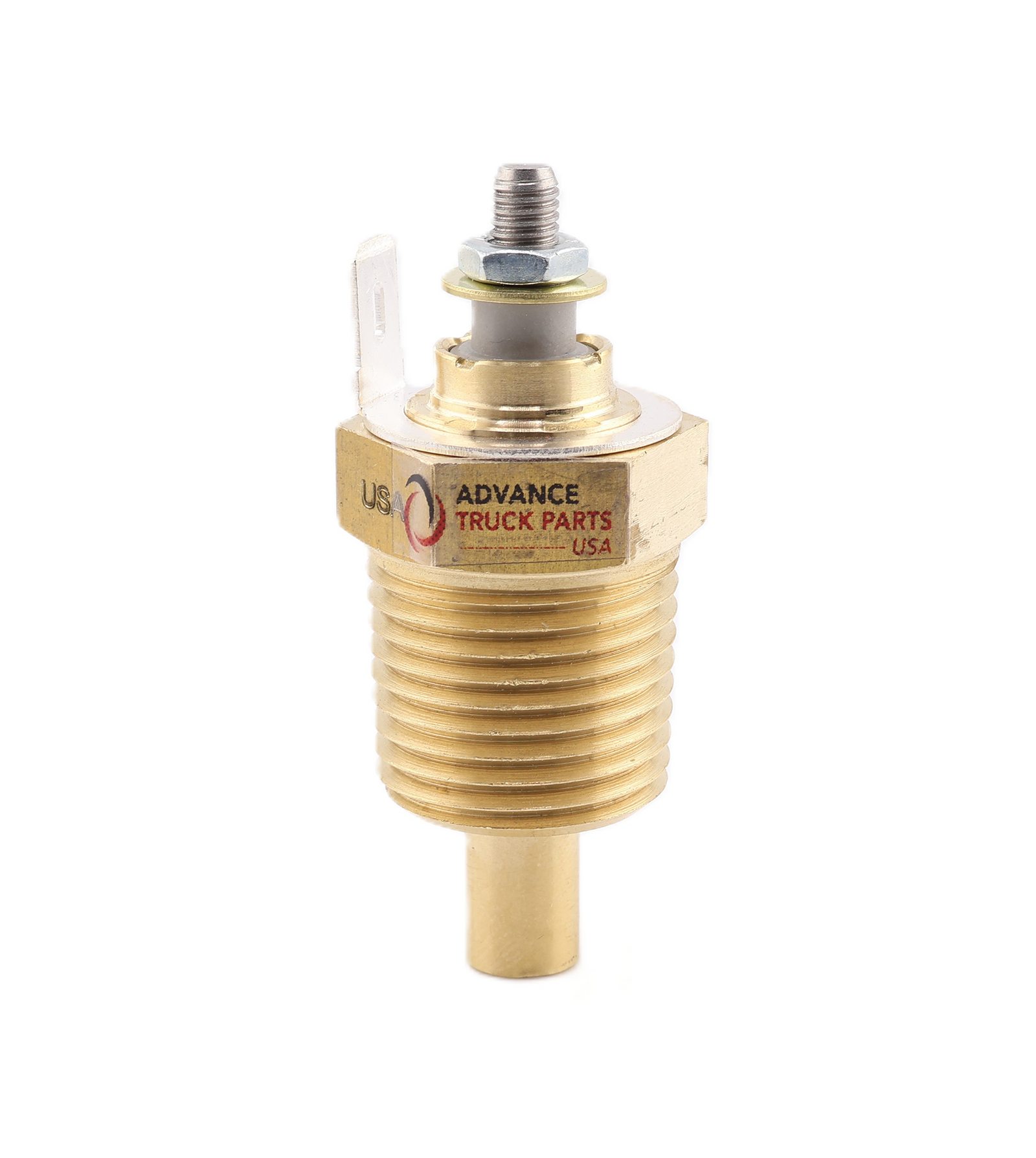 Advance Truck Parts USA 144455 water temperature sender showing a clean studio view of the brass threaded body, terminal stud, and spade connector on a plain white background